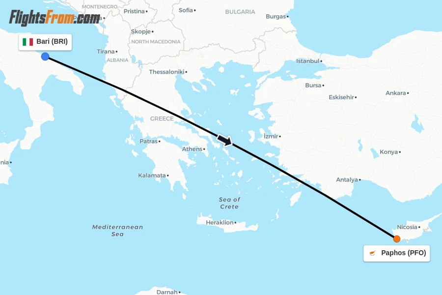 Flights from Bari to Paphos route map