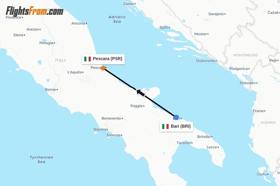 Flights from Bari to Pescara route map