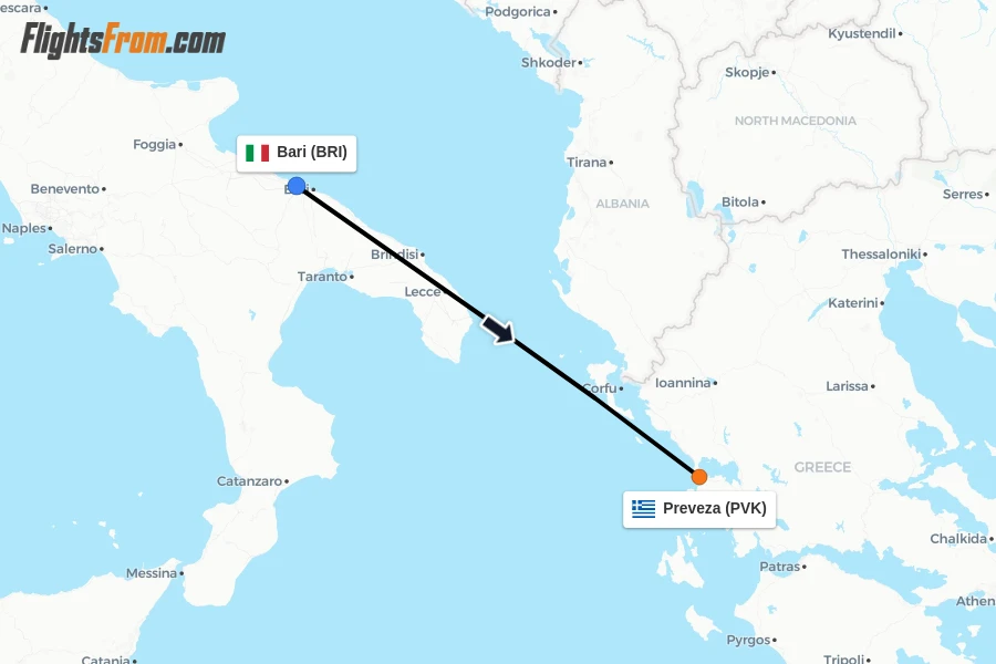 Flights from Bari to Preveza route map