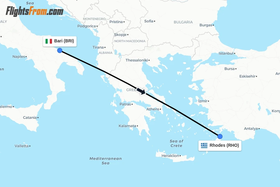 Flights from Bari to Rhodes route map