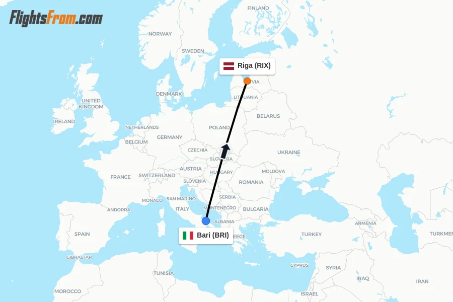 Flights from Bari to Riga route map