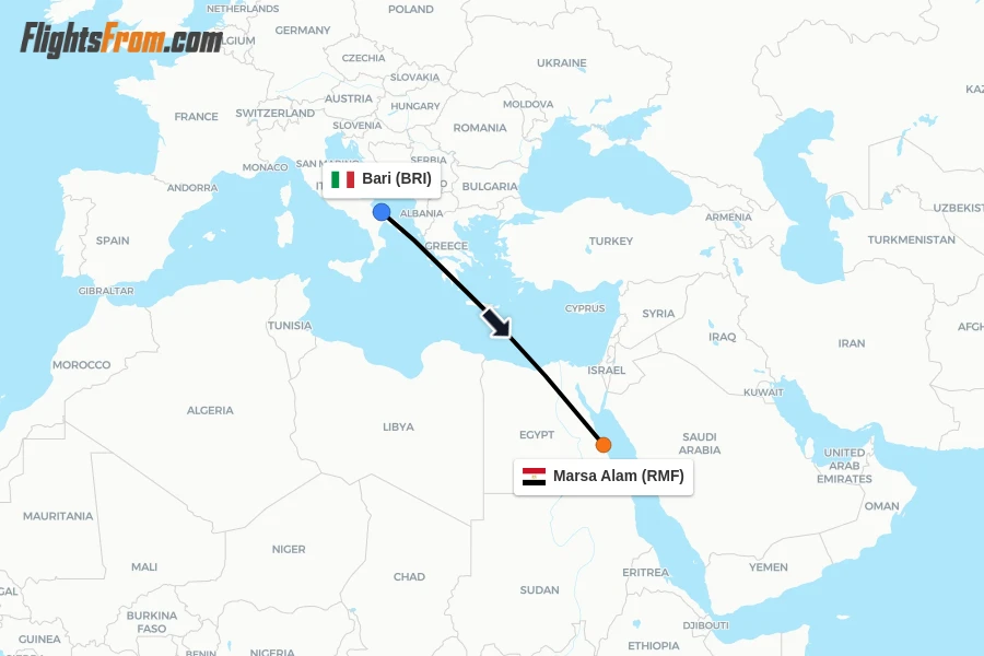 Flights from Bari to Marsa Alam route map