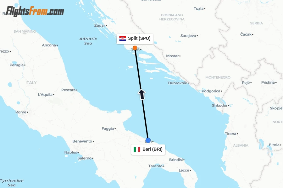 Flights from Bari to Split route map