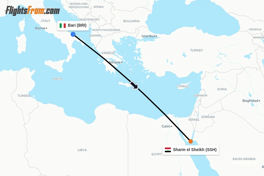 Flights from Bari to Sharm el Sheikh route map