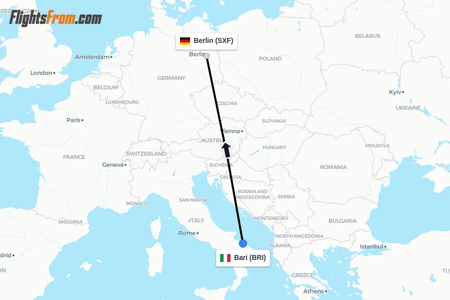Flights from Bari to Berlin route map