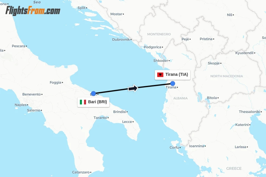 Flights from Bari to Tirana route map