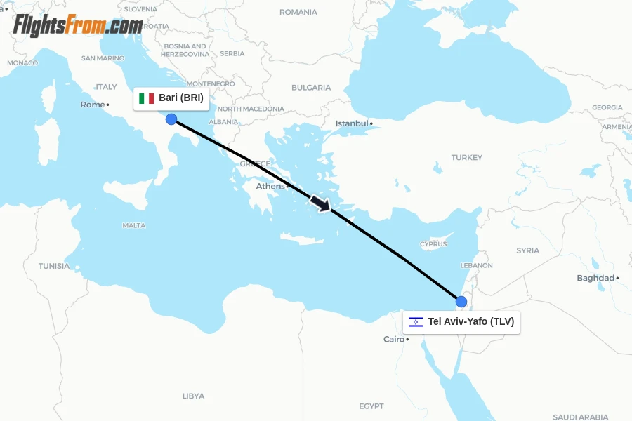 Flights from Bari to Tel Aviv-Yafo route map