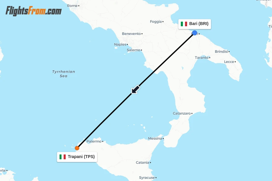Flights from Bari to Trapani route map
