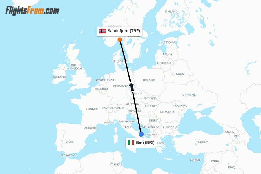 Flights from Bari to Sandefjord route map