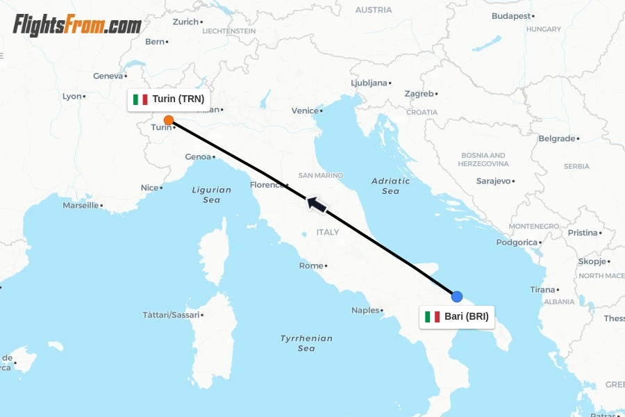 Flights from Bari to Turin route map
