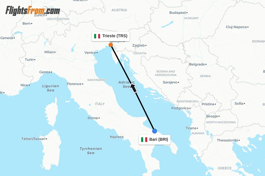 Flights from Bari to Trieste route map