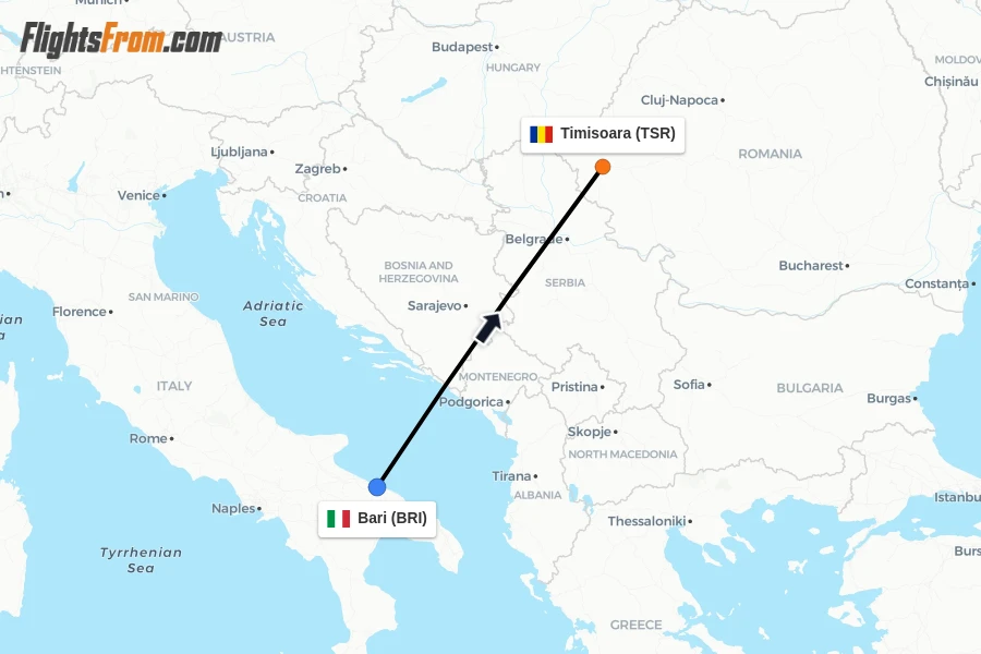 Flights from Bari to Timisoara route map