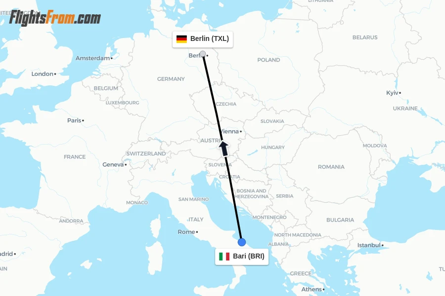 Flights from Bari to Berlin route map