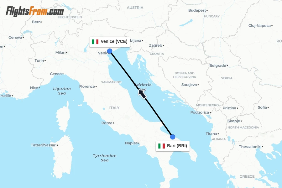Flights from Bari to Venice route map
