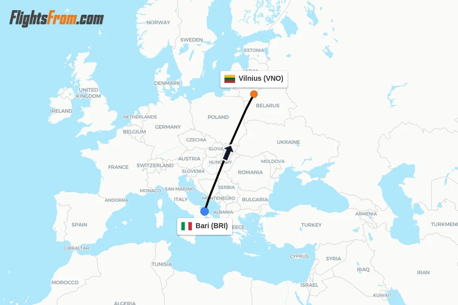 Flights from Bari to Vilnius route map