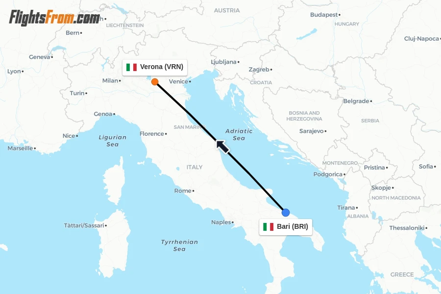 Flights from Bari to Verona route map