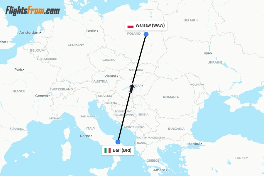 Flights from Bari to Warsaw route map