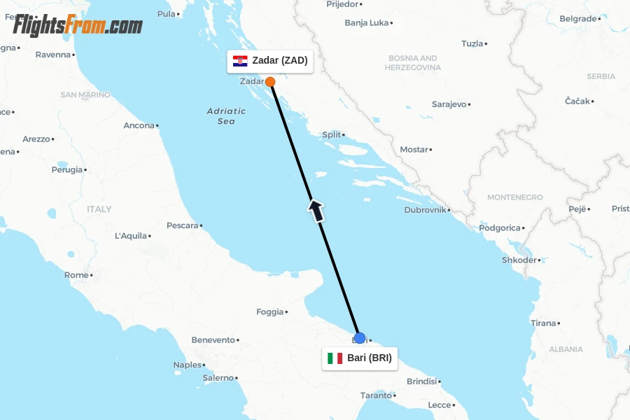 Flights from Bari to Zadar route map