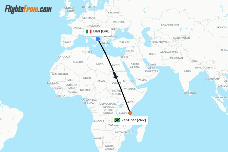 Flights from Bari to Zanzibar route map