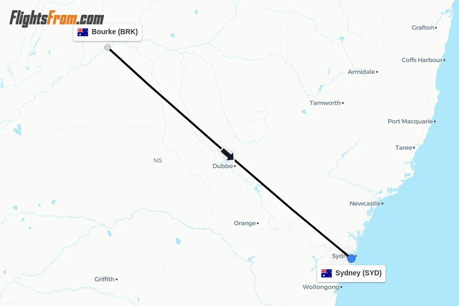 Flights from Bourke to Sydney route map