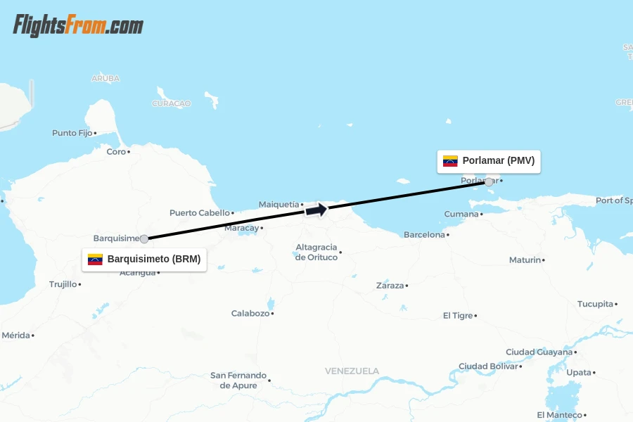 Flights from Barquisimeto to Porlamar route map