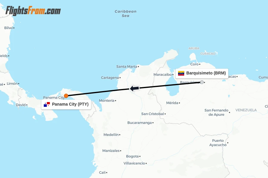 Flights from Barquisimeto to Panama City route map