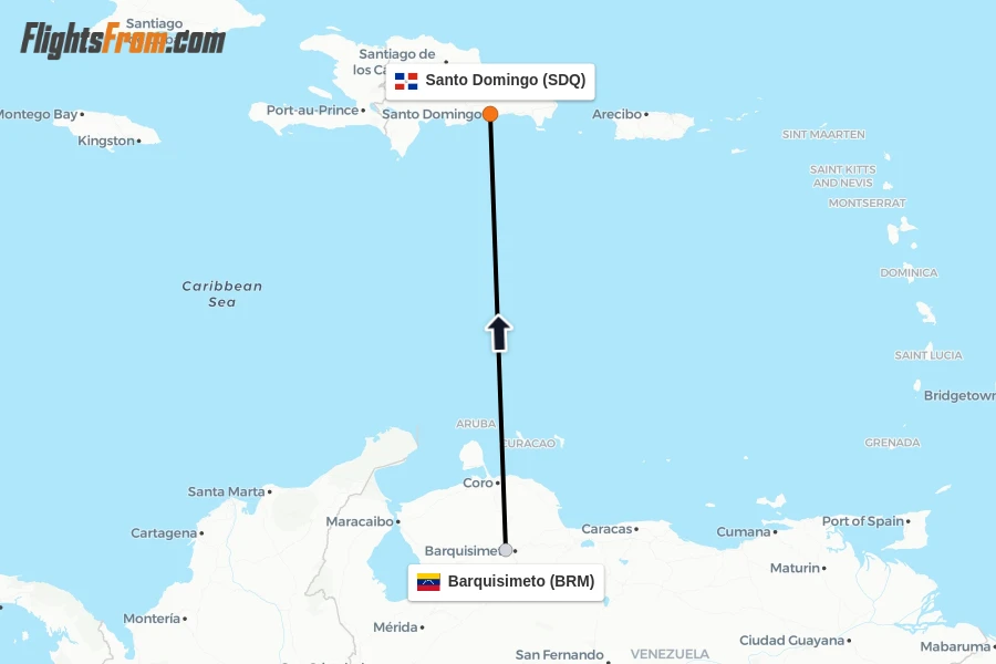 Flights from Barquisimeto to Santo Domingo route map