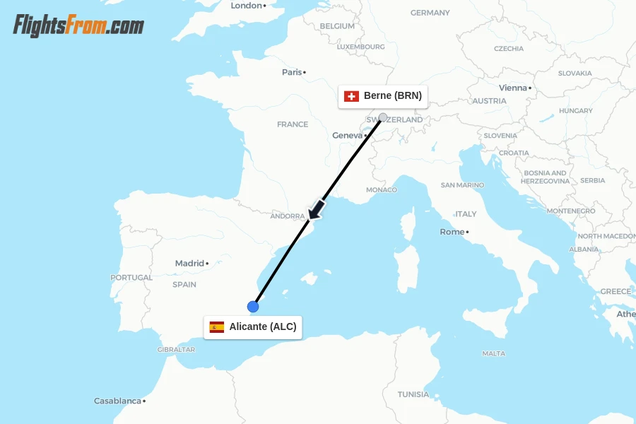 Flights from Berne to Alicante route map