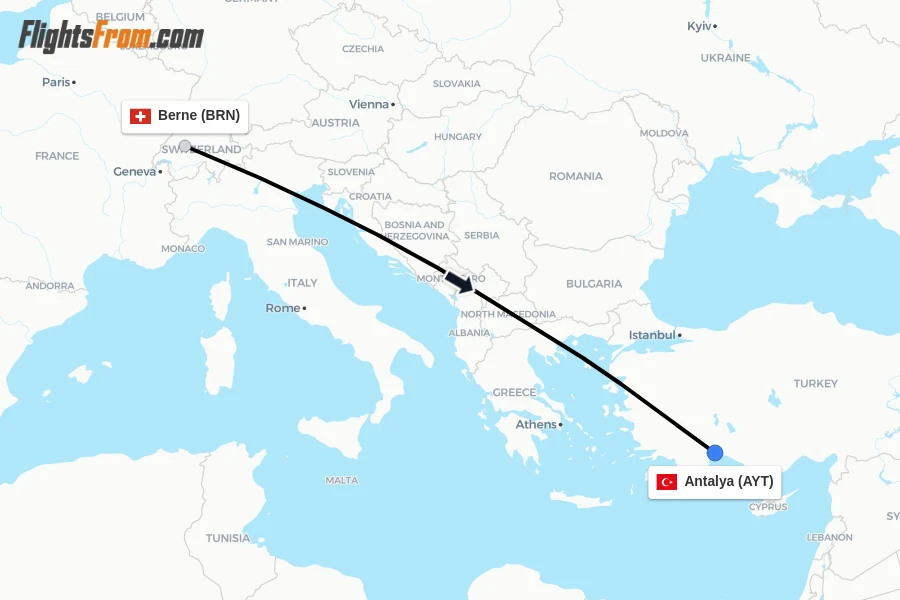 Flights from Berne to Antalya route map