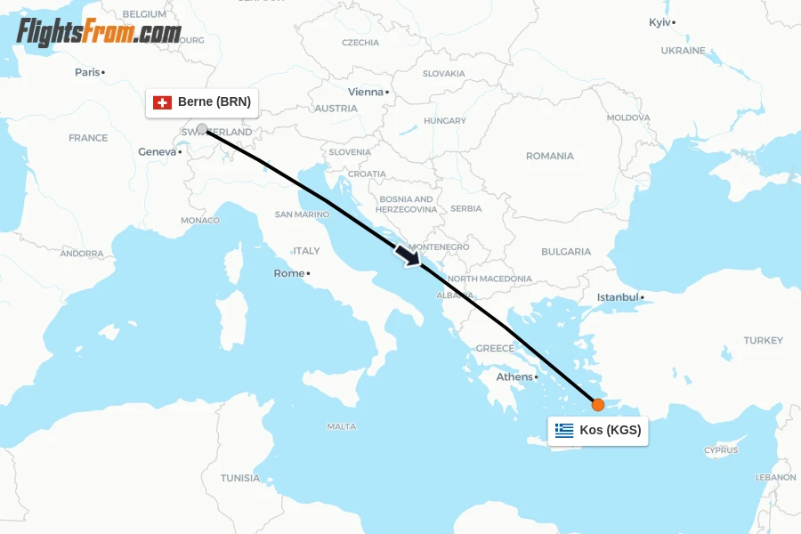 Flights from Berne to Kos route map