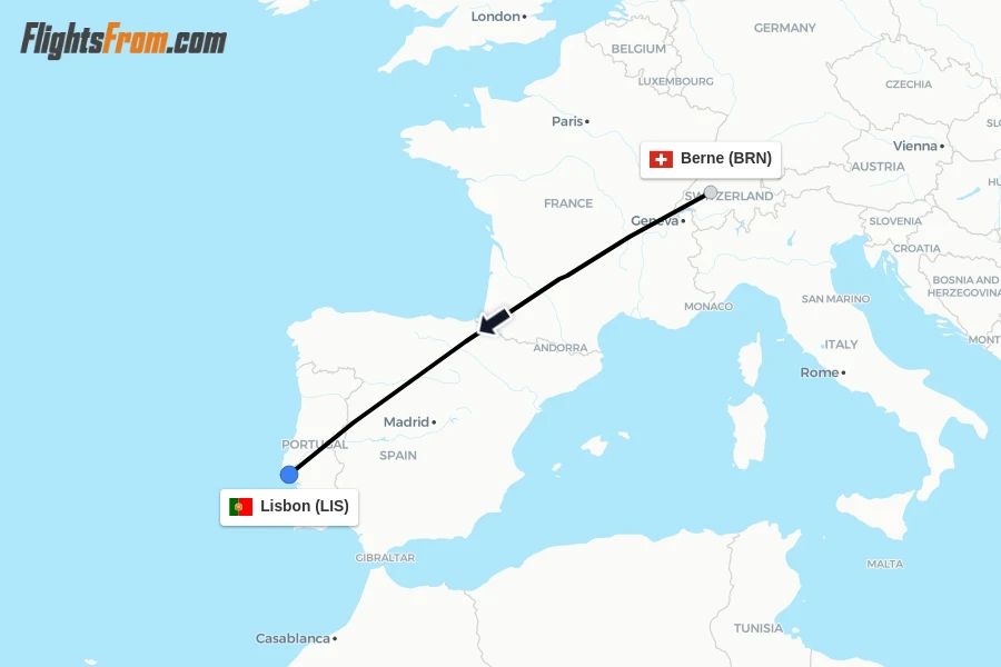 Flights from Berne to Lisbon route map
