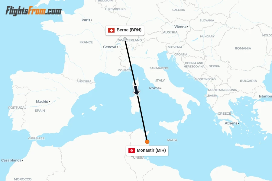 Flights from Berne to Monastir route map