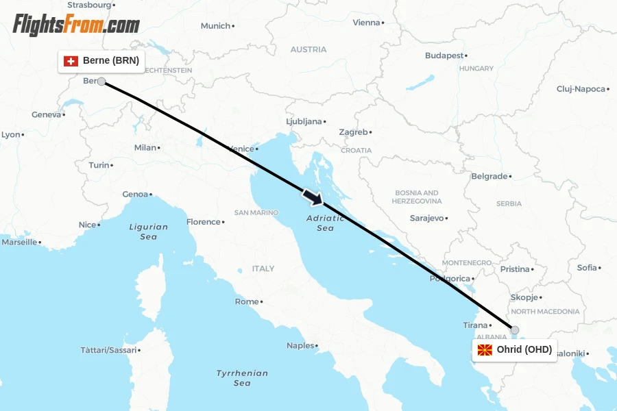 Flights from Berne to Ohrid route map