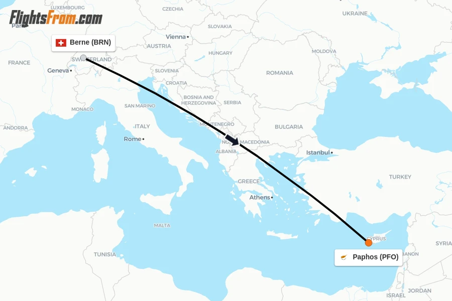 Flights from Berne to Paphos route map