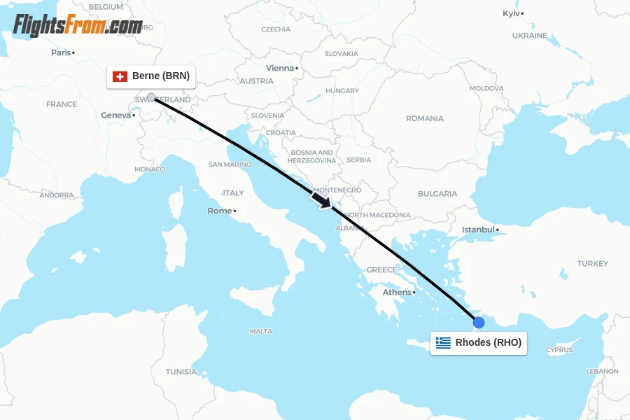 Flights from Berne to Rhodes route map
