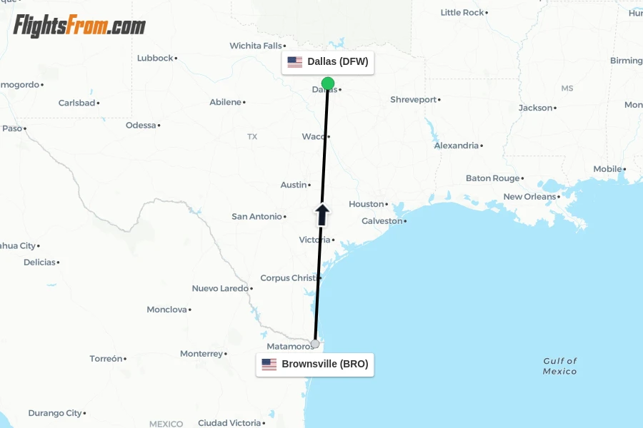 Flights from Brownsville to Dallas route map