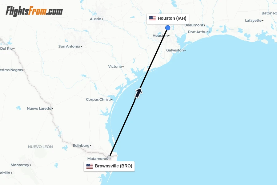 Flights from Brownsville to Houston route map