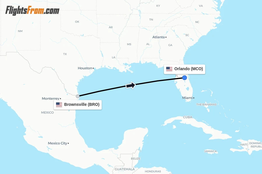 Flights from Brownsville to Orlando route map