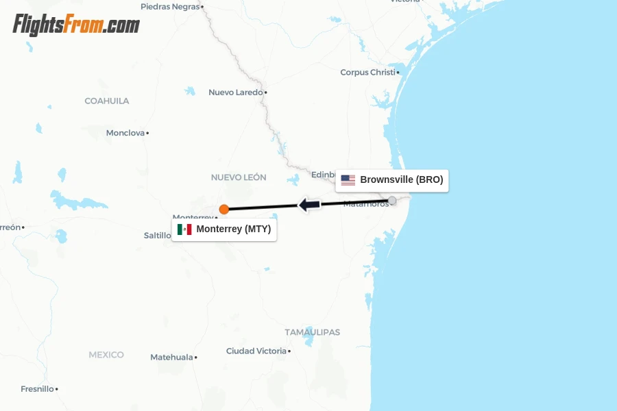 Flights from Brownsville to Monterrey route map