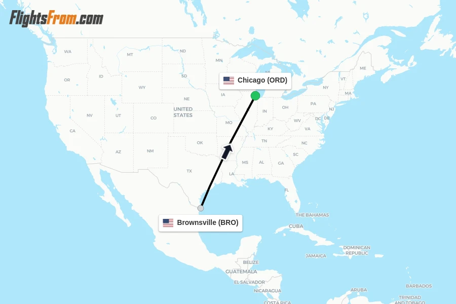 Flights from Brownsville to Chicago route map
