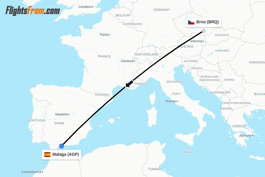 Flights from Brno to Malaga route map