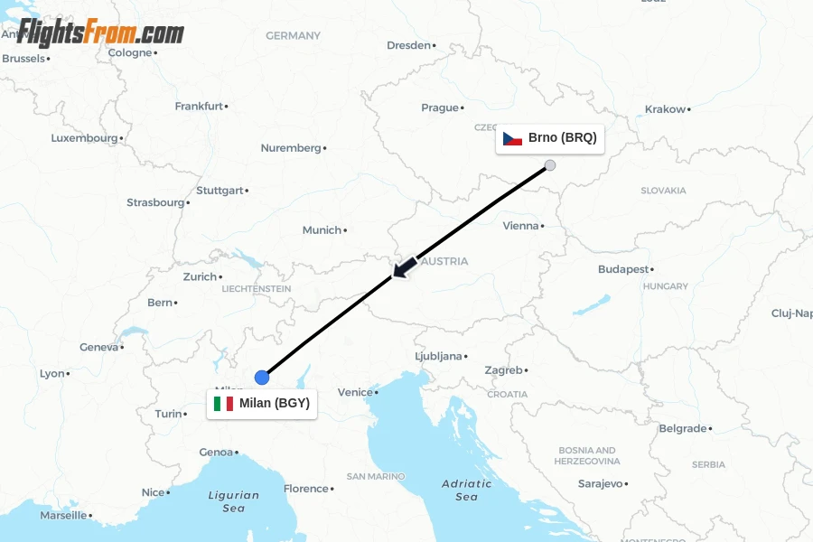 Flights from Brno to Milan route map