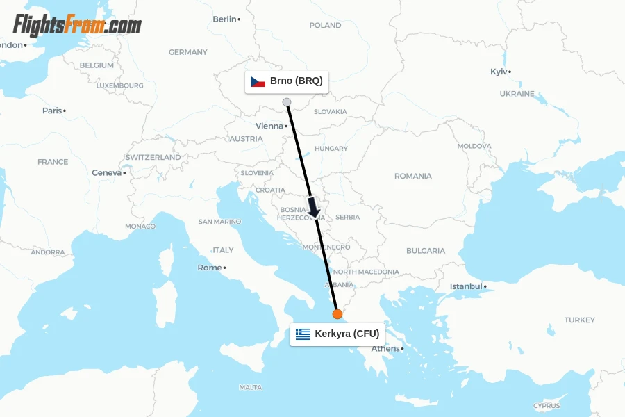 Flights from Brno to Kerkyra route map