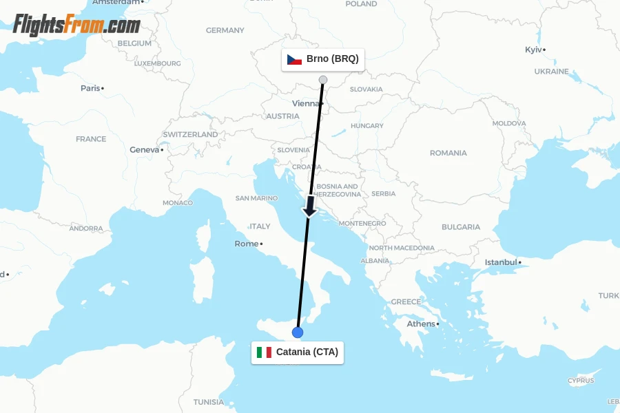 Flights from Brno to Catania route map