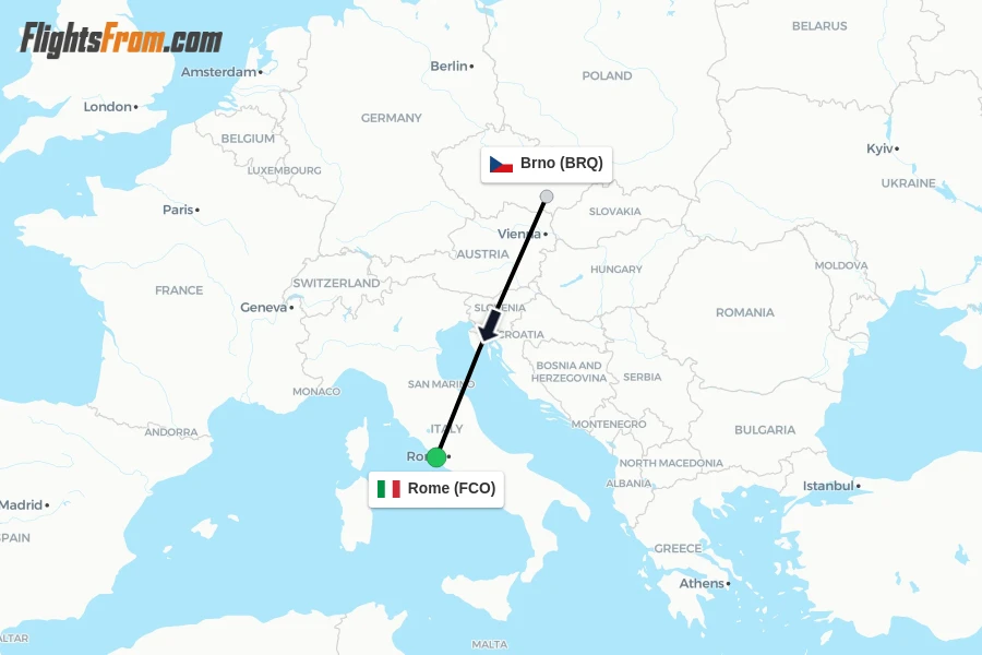 Flights from Brno to Rome route map