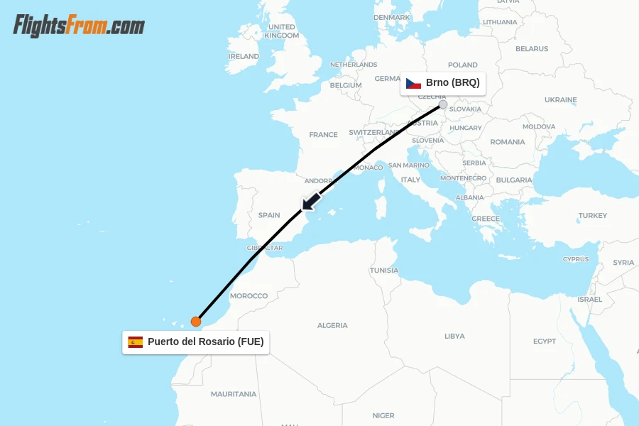 Flights from Brno to Puerto del Rosario route map