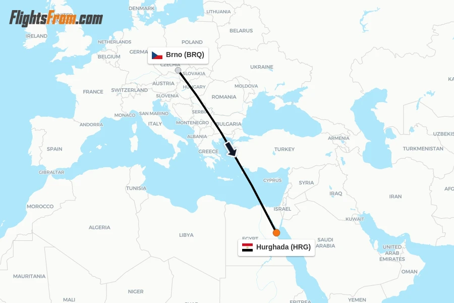 Flights from Brno to Hurghada route map