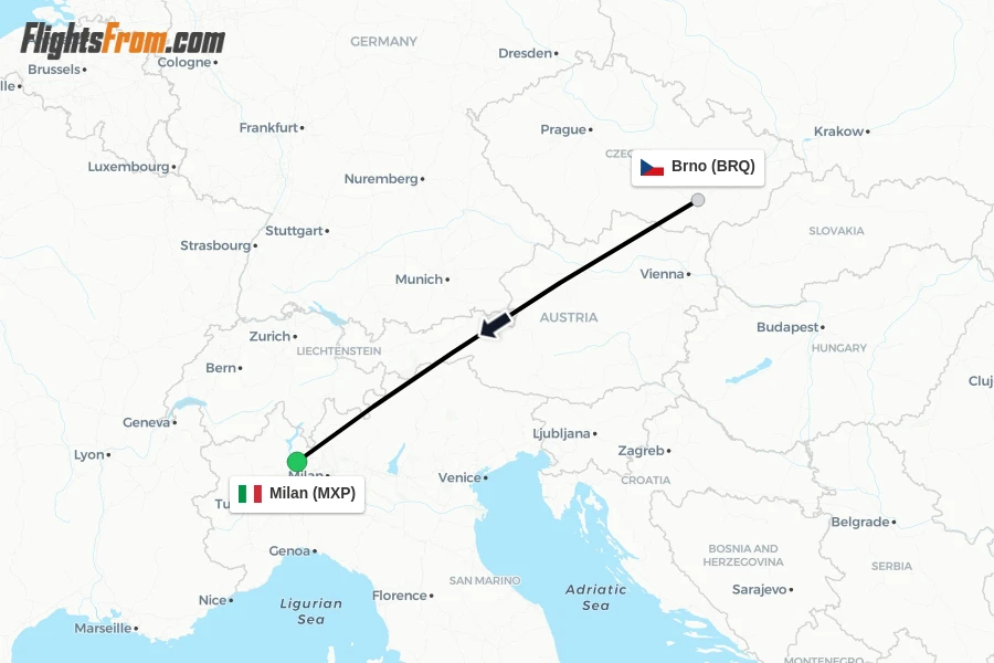 Flights from Brno to Milan route map