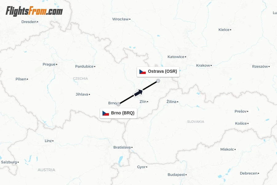 Flights from Brno to Ostrava route map