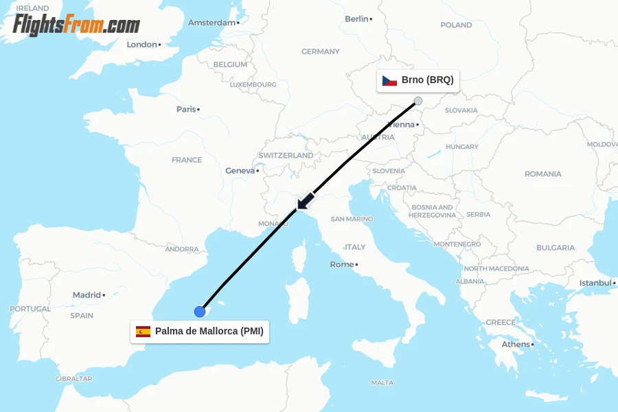 Flights from Brno to Palma de Mallorca route map